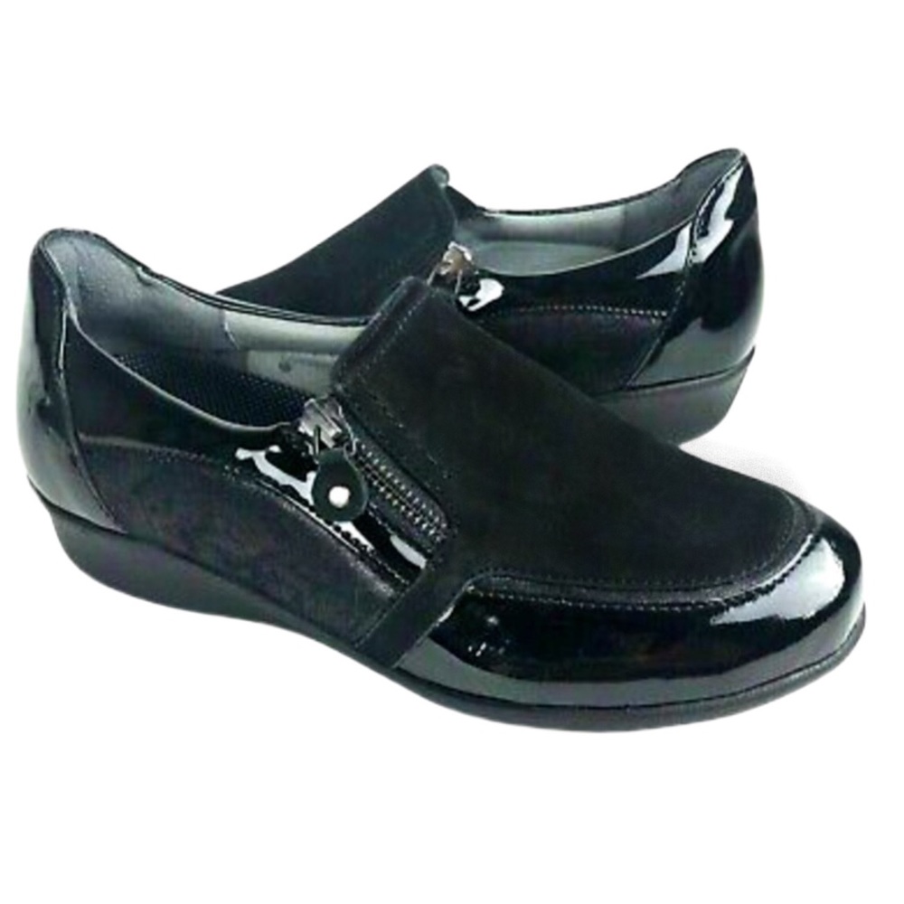Drew Womens Padua 10.5W Black Calf/Patent Zip Diabetic Comfort